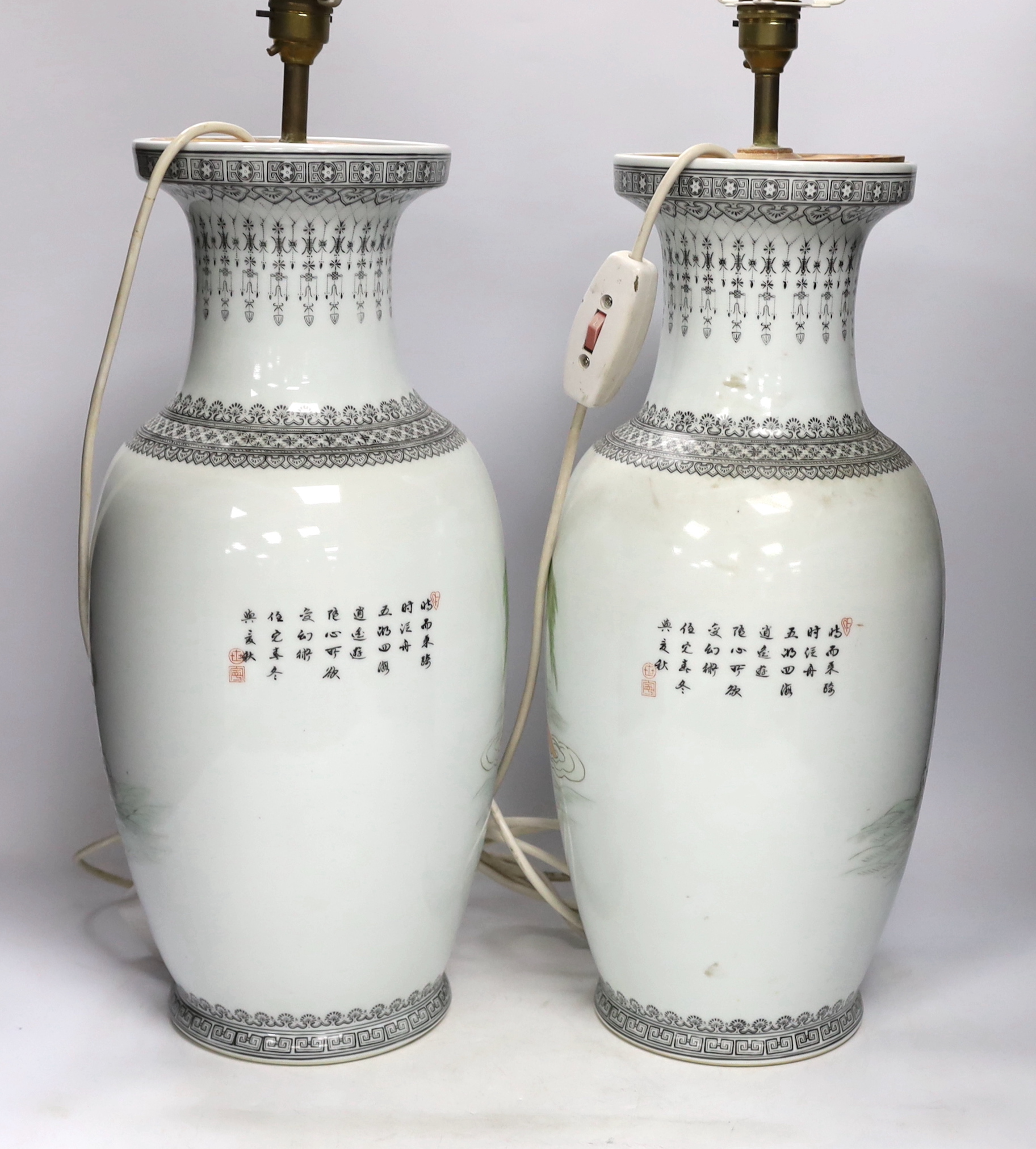 A pair of modern Chinese porcelain vases, converted into lamps, vases 47cm high